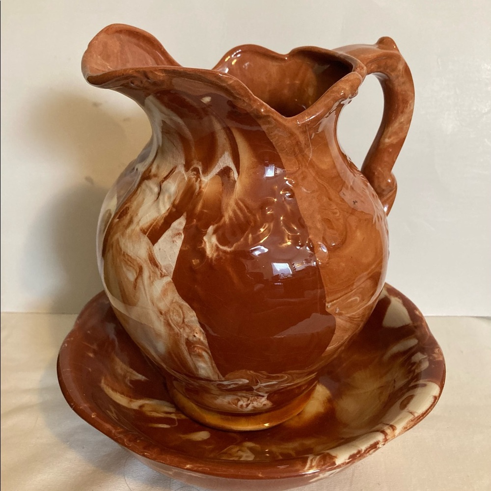 Signed Arneis Pottery Brown Cream Native Alaskan Clay Pitcher and Basin 7”Tall
